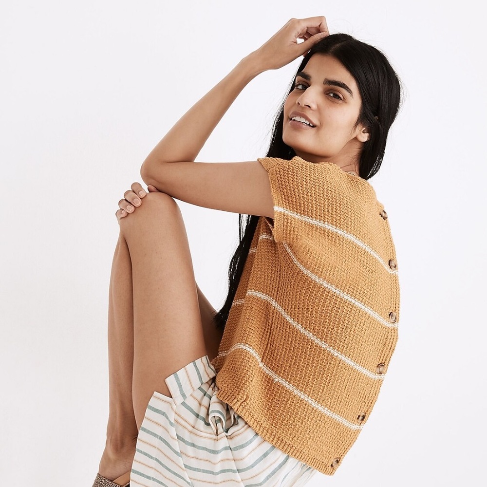 NWT Madewell Boatneck Button-Back Sweater Golden Yellow Stripe Tee Size Small